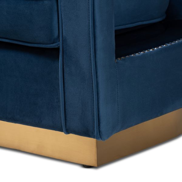 Neville Modern Luxe and Glam Navy Blue Velvet Fabric Upholstered and Gold Finished Metal Armchair