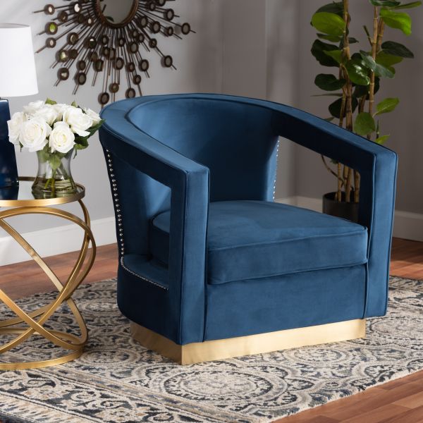 Neville Modern Luxe and Glam Navy Blue Velvet Fabric Upholstered and Gold Finished Metal Armchair