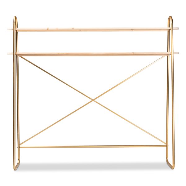 Merida Glam and Luxe Brushed Gold Finished Metal and Natural Brown Finished Wood 2-Tier Over Bed Queen Size Storage Display Shelf