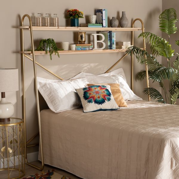 Merida Glam and Luxe Brushed Gold Finished Metal and Natural Brown Finished Wood 2-Tier Over Bed Queen Size Storage Display Shelf