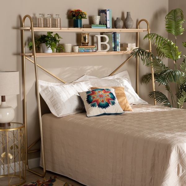Merida Glam and Luxe Brushed Gold Finished Metal and Natural Brown Finished Wood 2-Tier Over Bed Queen Size Storage Display Shelf
