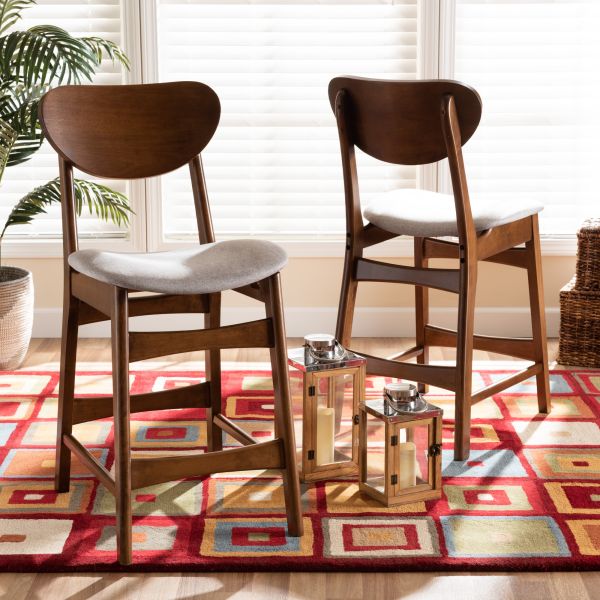 Katya Mid-Century Modern Grey Fabric Upholstered and Walnut Brown Finished Wood 2-Piece Counter Stool Set