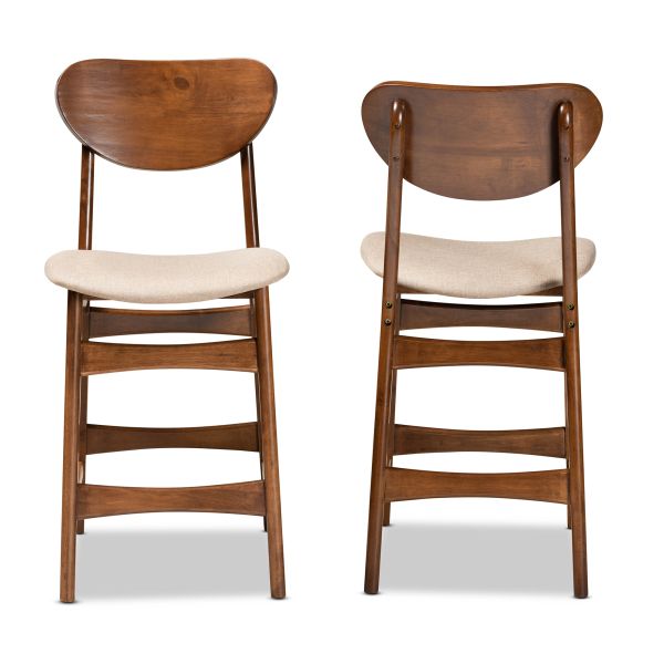 Katya Mid-Century Modern Sand Fabric Upholstered and Walnut Brown Finished Wood 2-Piece Counter Stool Set