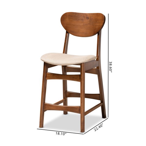 Katya Mid-Century Modern Sand Fabric Upholstered and Walnut Brown Finished Wood 2-Piece Counter Stool Set