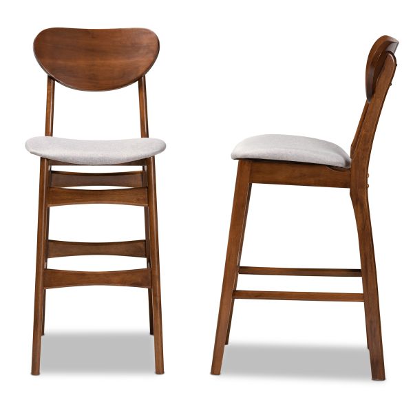 Katya Mid-Century Modern Grey Fabric Upholstered and Walnut Brown Finished Wood 2-Piece Bar Stool Set