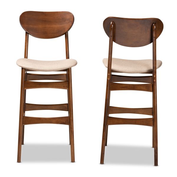 Katya Mid-Century Modern Sand Fabric Upholstered and Walnut Brown Finished Wood 2-Piece Bar Stool Set