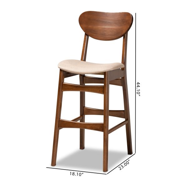 Katya Mid-Century Modern Sand Fabric Upholstered and Walnut Brown Finished Wood 2-Piece Bar Stool Set