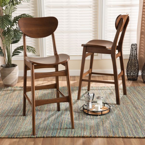 Katya Mid-Century Modern Walnut Brown Finished Wood 2-Piece Bar Stool Set