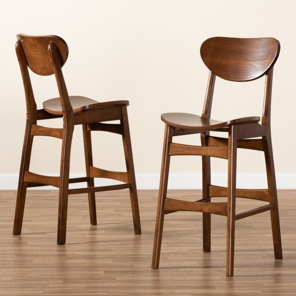 Katya Mid-Century Modern Walnut Brown Finished Wood 2-Piece Bar Stool Set