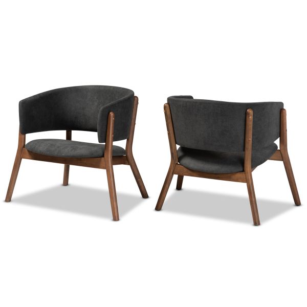 Baron Mid-Century Modern Dark Grey Fabric Upholstered and Walnut Brown Finished Wood 2-Piece Living Room Accent Chair Set