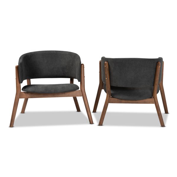 Baron Mid-Century Modern Dark Grey Fabric Upholstered and Walnut Brown Finished Wood 2-Piece Living Room Accent Chair Set