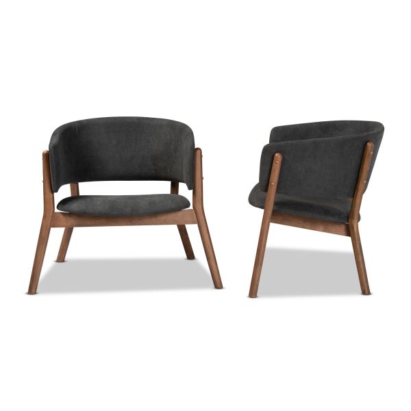 Baron Mid-Century Modern Dark Grey Fabric Upholstered and Walnut Brown Finished Wood 2-Piece Living Room Accent Chair Set
