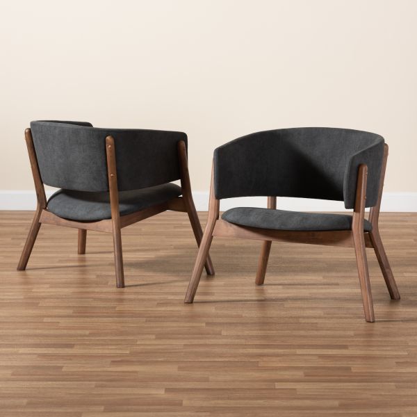 Baron Mid-Century Modern Dark Grey Fabric Upholstered and Walnut Brown Finished Wood 2-Piece Living Room Accent Chair Set