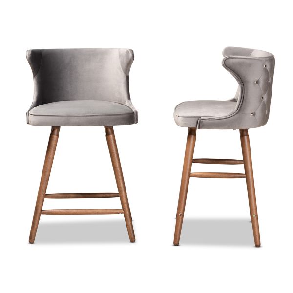 Sagira Modern and Contemporary Transitional Grey Velvet Fabric Upholstered and Walnut Brown Finished Wood 2-Piece Counter Stool Set