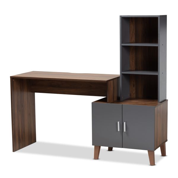 Jaeger Modern and Contemporary Two-Tone Walnut Brown and Dark Grey Finished Wood Storage Desk with Shelves