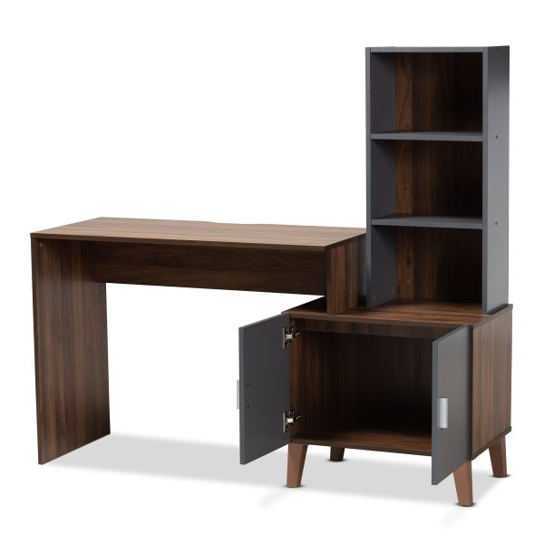 Jaeger Modern and Contemporary Two-Tone Walnut Brown and Dark Grey Finished Wood Storage Desk with Shelves