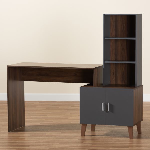 Jaeger Modern and Contemporary Two-Tone Walnut Brown and Dark Grey Finished Wood Storage Desk with Shelves