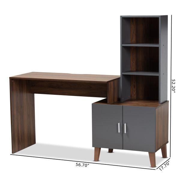 Jaeger Modern and Contemporary Two-Tone Walnut Brown and Dark Grey Finished Wood Storage Desk with Shelves
