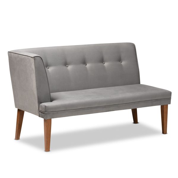 Stewart Mid-Century Modern Grey Velvet Upholstered and Walnut Brown Finished Wood 2-Piece Dining Nook Banquette Set