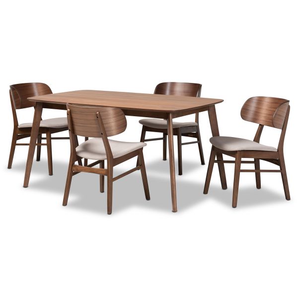 Alston Mid-Century Modern Beige Fabric Upholstered and Walnut Brown Finished Wood 5-Piece Dining Set