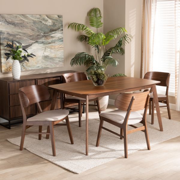 Alston Mid-Century Modern Beige Fabric Upholstered and Walnut Brown Finished Wood 5-Piece Dining Set