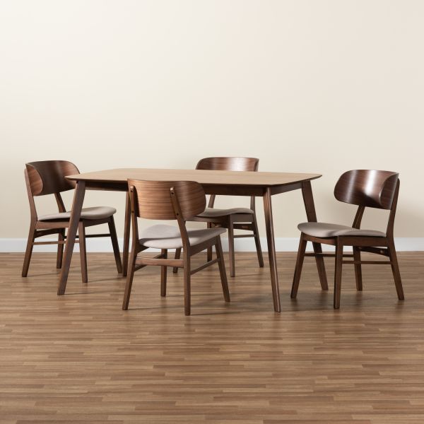 Alston Mid-Century Modern Beige Fabric Upholstered and Walnut Brown Finished Wood 5-Piece Dining Set