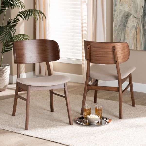 Alston Mid-Century Modern Beige Fabric Upholstered and Walnut Brown Finished Wood 2-Piece Dining Chair Set