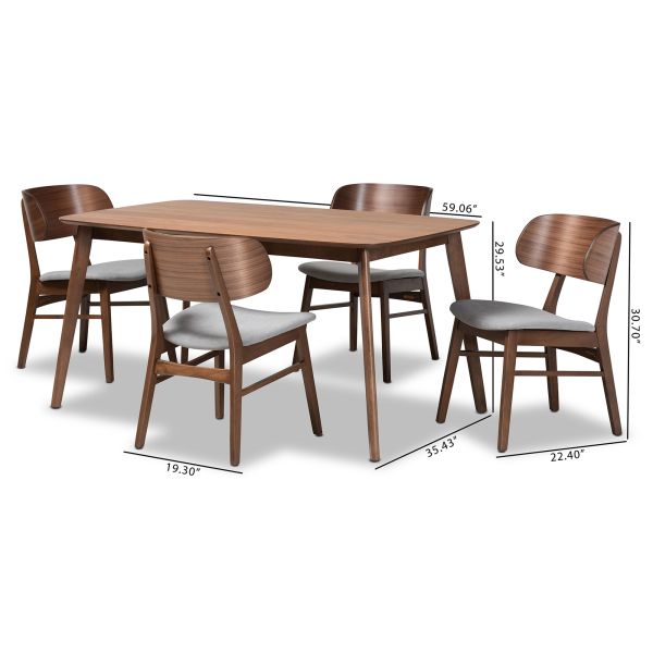 Alston Mid-Century Modern Grey Fabric Upholstered and Walnut Brown Finished Wood 5-Piece Dining Set