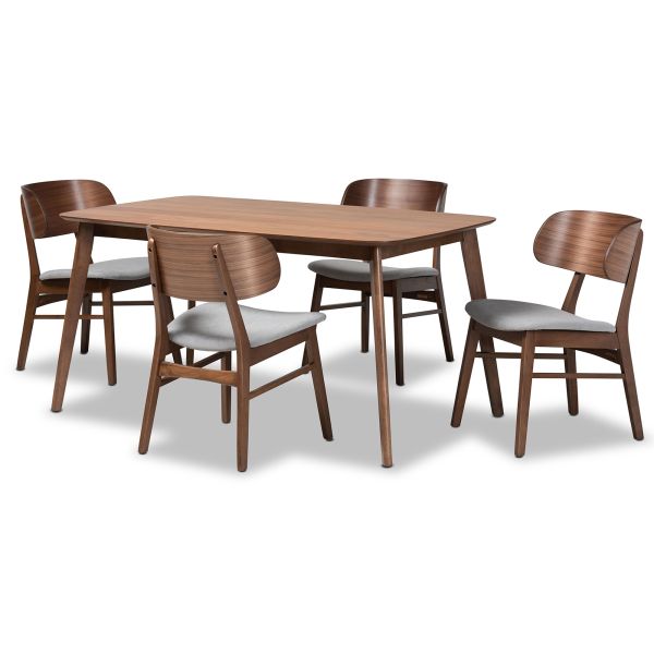 Alston Mid-Century Modern Grey Fabric Upholstered and Walnut Brown Finished Wood 5-Piece Dining Set