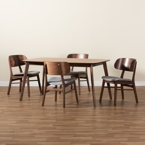 Alston Mid-Century Modern Grey Fabric Upholstered and Walnut Brown Finished Wood 5-Piece Dining Set