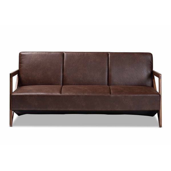 Christa Mid-Century Modern Transitional Dark Brown Faux Leather Effect Fabric Upholstered and Walnut Brown Finished Wood Sofa