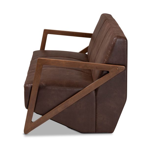 Christa Mid-Century Modern Transitional Dark Brown Faux Leather Effect Fabric Upholstered and Walnut Brown Finished Wood Sofa