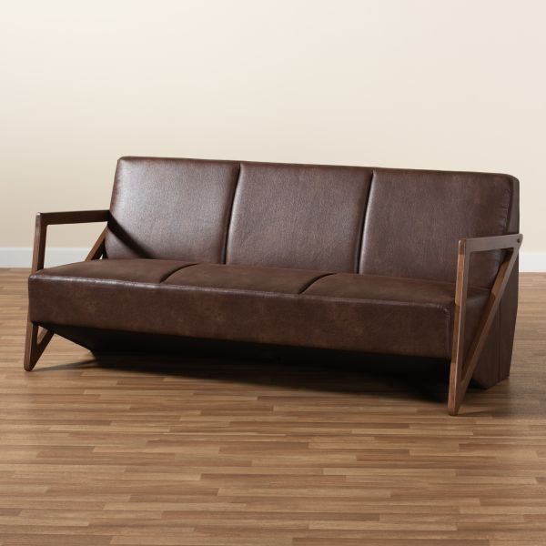 Christa Mid-Century Modern Transitional Dark Brown Faux Leather Effect Fabric Upholstered and Walnut Brown Finished Wood Sofa