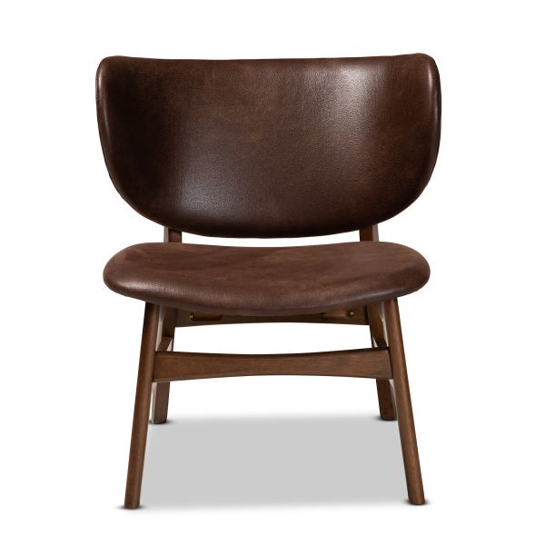 Marcos Mid-Century Modern Dark Brown Faux Leather Effect and Walnut Brown Finished Wood Living Room Accent Chair