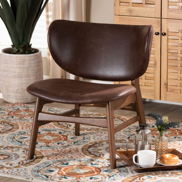 Marcos Mid-Century Modern Dark Brown Faux Leather Effect and Walnut Brown Finished Wood Living Room Accent Chair