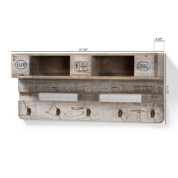 Ferguson Vintage Rustic Whitewashed Grey Oak Finished Wood Wall Mounted Coat Rack with Shelves