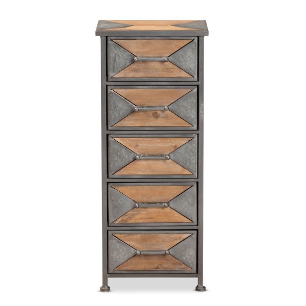 Laurel Rustic Industrial Antique Grey Finished Metal and Whitewashed Oak Brown Finished Wood 5-Drawer Accent Storage Cabinet