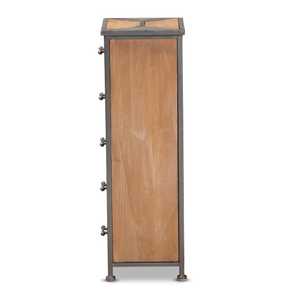 Laurel Rustic Industrial Antique Grey Finished Metal and Whitewashed Oak Brown Finished Wood 5-Drawer Accent Storage Cabinet