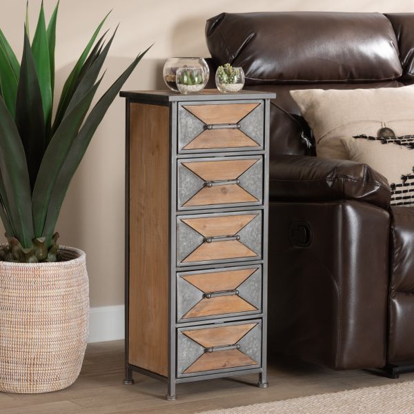 Laurel Rustic Industrial Antique Grey Finished Metal and Whitewashed Oak Brown Finished Wood 5-Drawer Accent Storage Cabinet