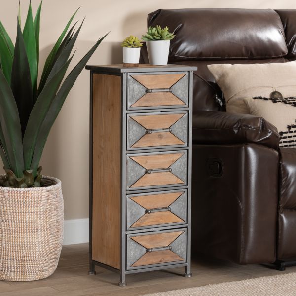 Laurel Rustic Industrial Antique Grey Finished Metal and Whitewashed Oak Brown Finished Wood 5-Drawer Accent Storage Cabinet