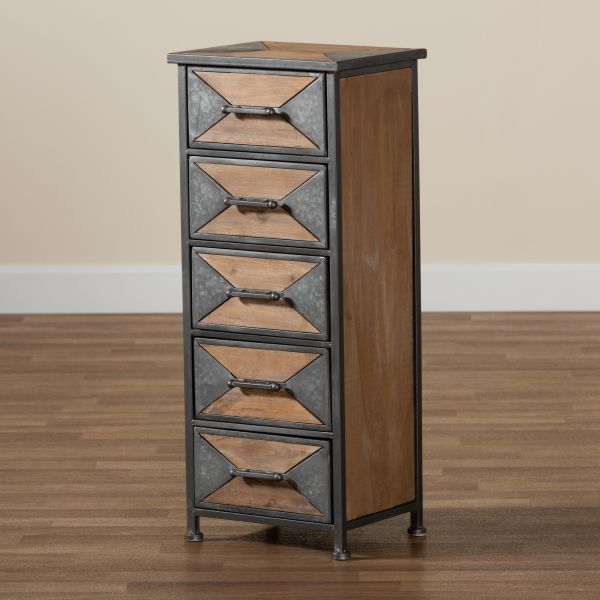 Laurel Rustic Industrial Antique Grey Finished Metal and Whitewashed Oak Brown Finished Wood 5-Drawer Accent Storage Cabinet