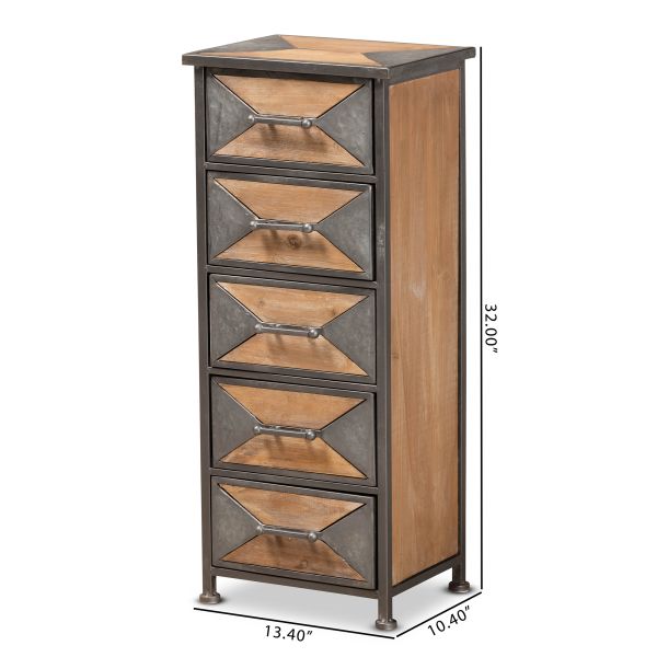Laurel Rustic Industrial Antique Grey Finished Metal and Whitewashed Oak Brown Finished Wood 5-Drawer Accent Storage Cabinet