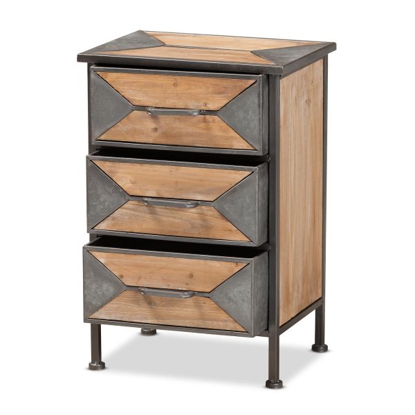 Laurel Rustic Industrial Antique Grey Finished Metal and Whitewashed Oak Brown Finished Wood 3-Drawer Nightstand