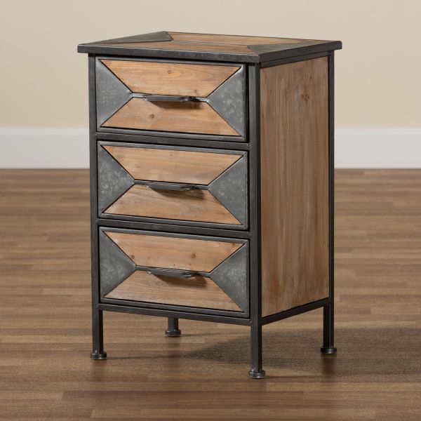 Laurel Rustic Industrial Antique Grey Finished Metal and Whitewashed Oak Brown Finished Wood 3-Drawer Nightstand