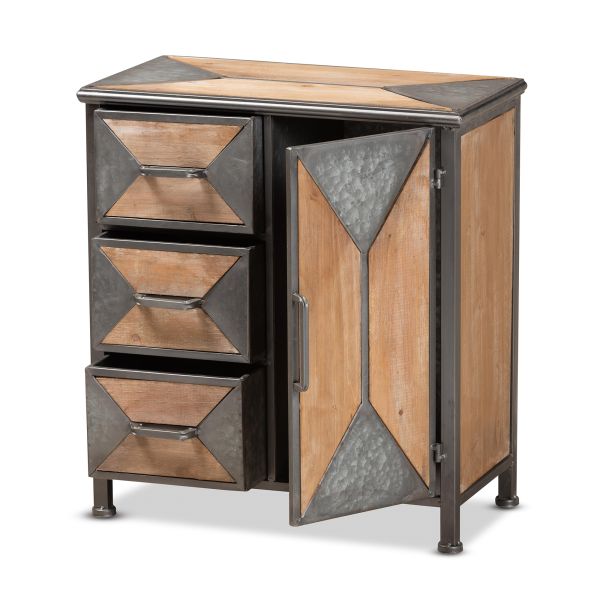 Laurel Rustic Industrial Antique Grey Finished Metal and Whitewashed Oak Brown Finished Wood 3-Drawer Accent Storage Cabinet