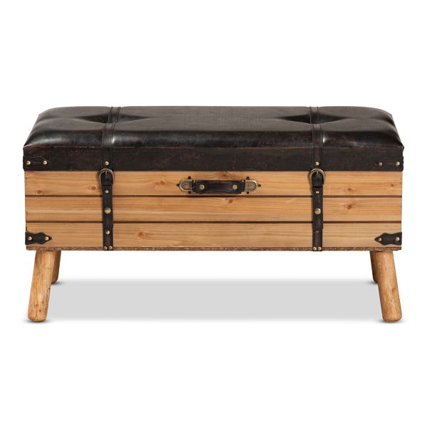 Amena Rustic Transitional Dark Brown PU Leather Upholstered and Oak Finished Wood Large Storage Ottoman
