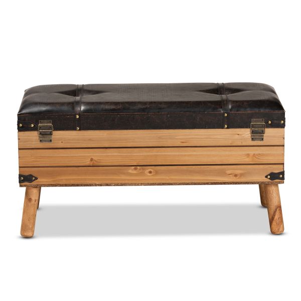 Amena Rustic Transitional Dark Brown PU Leather Upholstered and Oak Finished Wood Large Storage Ottoman