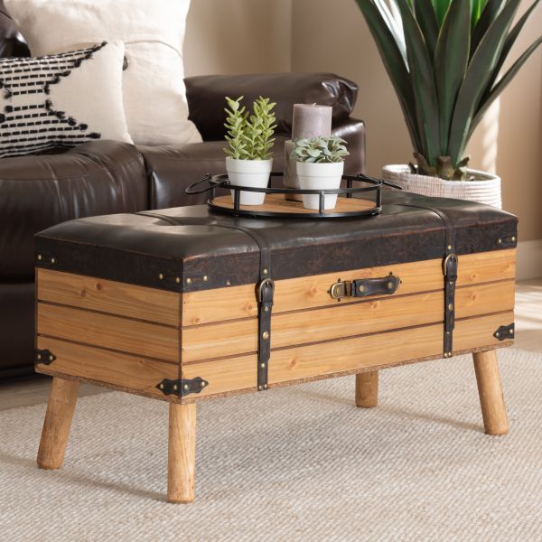 Amena Rustic Transitional Dark Brown PU Leather Upholstered and Oak Finished Wood Large Storage Ottoman