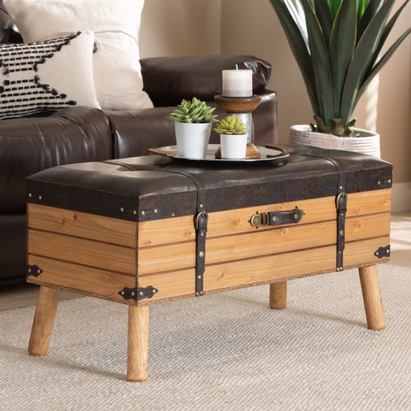 Amena Rustic Transitional Dark Brown PU Leather Upholstered and Oak Finished Wood Large Storage Ottoman