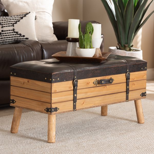 Amena Rustic Transitional Dark Brown PU Leather Upholstered and Oak Finished Wood Large Storage Ottoman